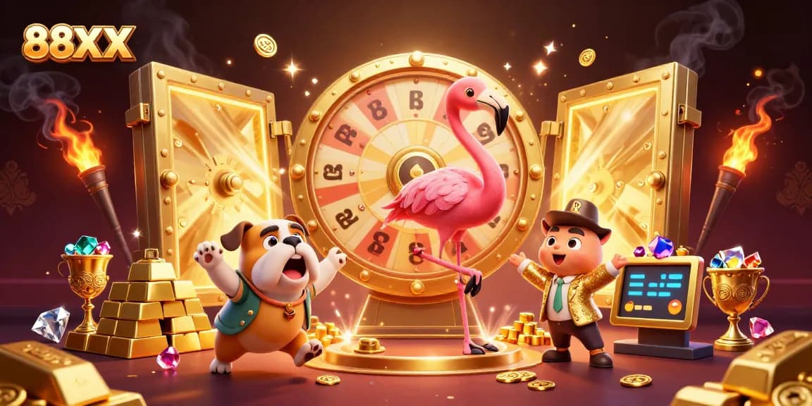 Spin the giant prize wheel at 88XX for exciting wins and rewards in a glamorous casino setting.