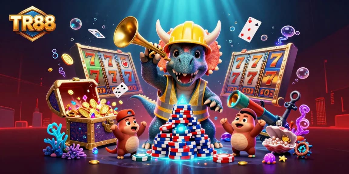 TR88 promotes an exciting casino scene with a triceratops building a poker chip pyramid while celebrating.