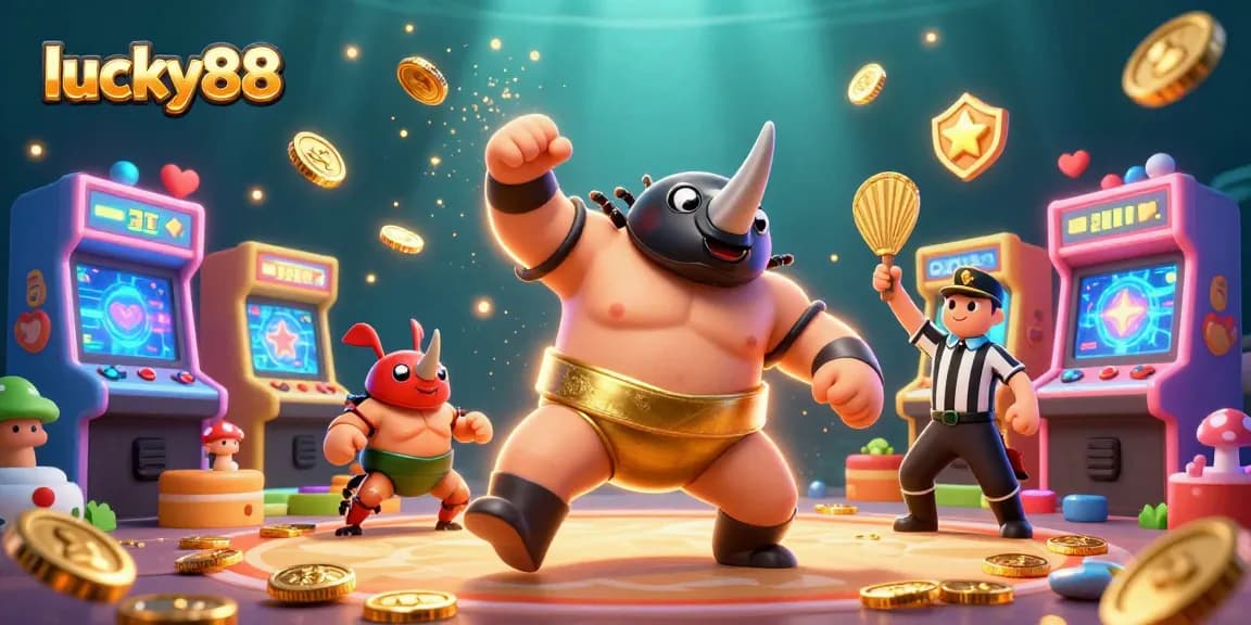 Engage with lucky88 for thrilling wins as a beetle champion stomps coins, amid vibrant gaming machines.