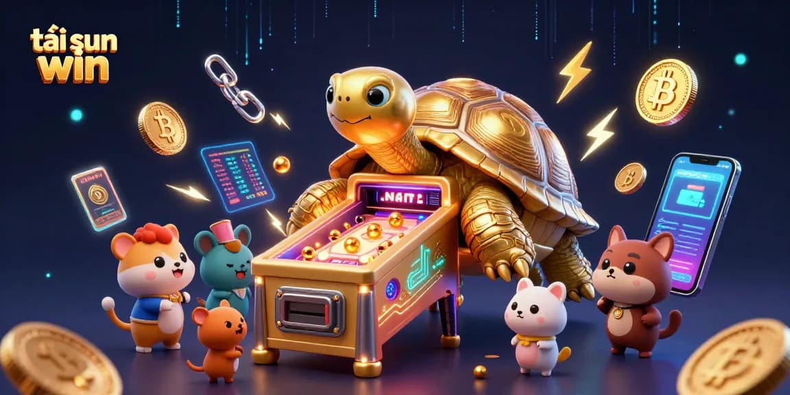 Play exciting mini-games with tải sun win, featuring a golden tortoise and vibrant cryptocurrency elements.