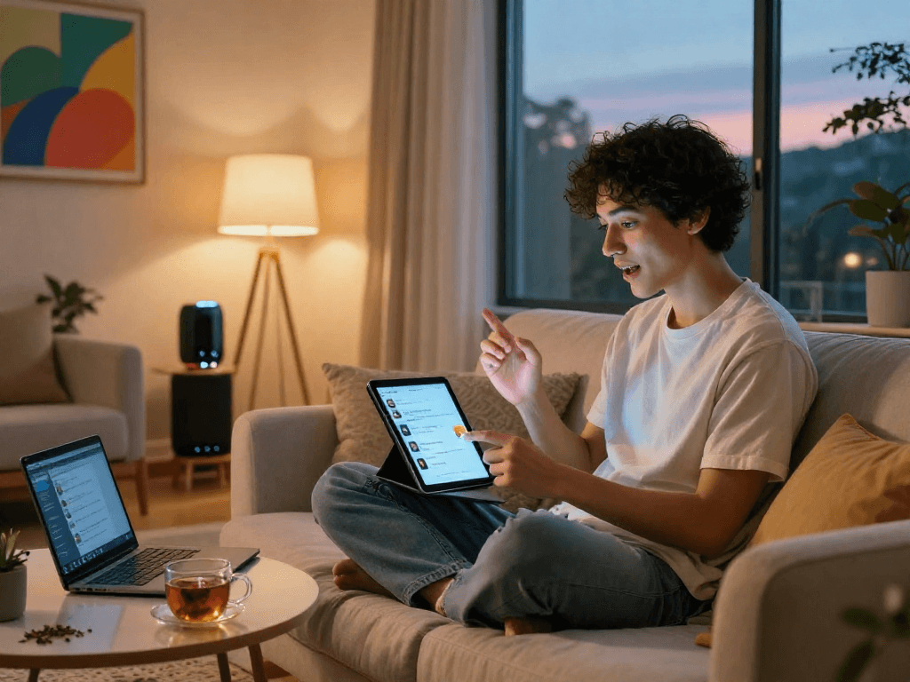 Person engaging with sex ai on tablet in a cozy living room, showcasing modern technology.