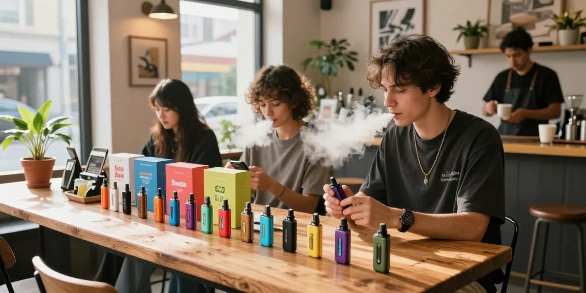 Explore top disposable vapes in USA with trendy flavors displayed in urban café setting.