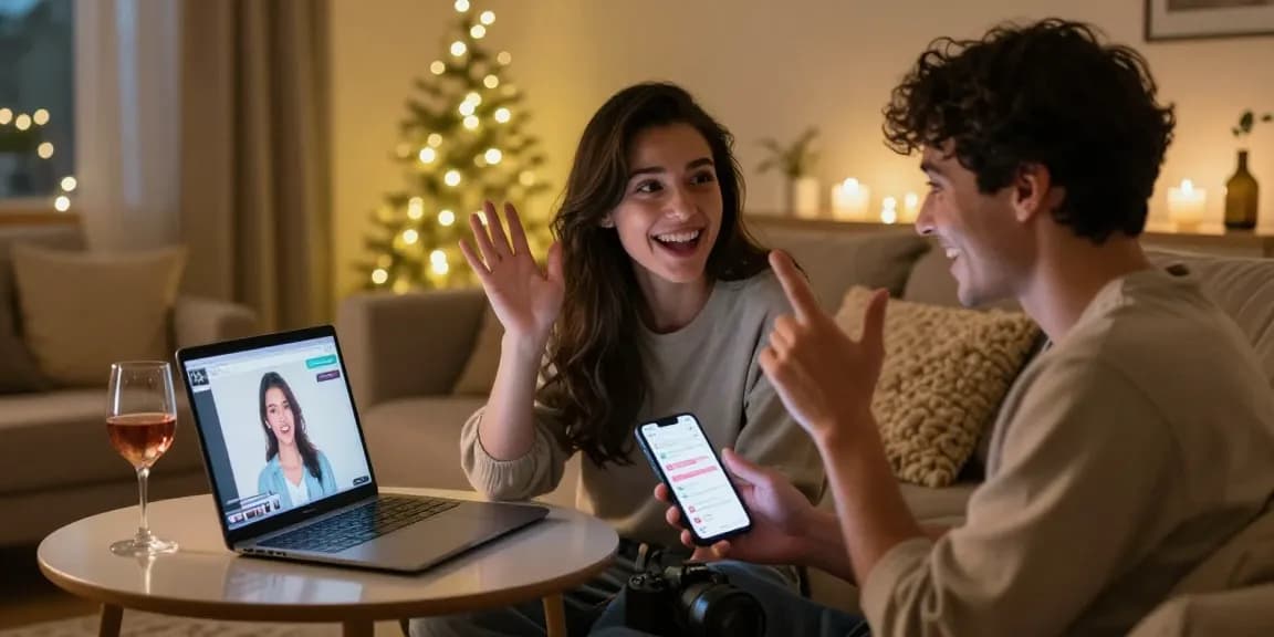 Engaging NSFW AI chat scene depicting a couple interacting on devices in a cozy home.