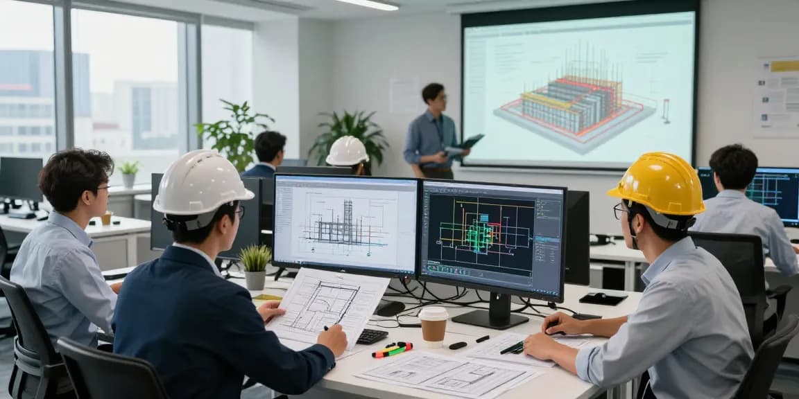 Industrial Engineering Consultant North America team collaborating on advanced structural designs in a modern office.