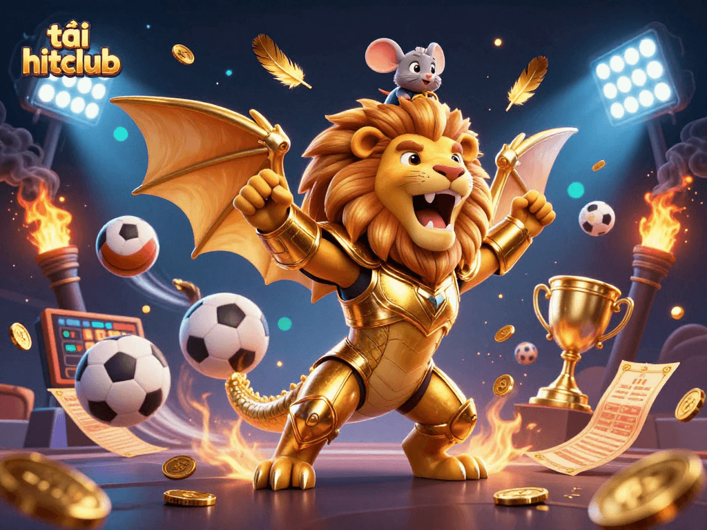 Engage in thrilling bets with tải hitclub, showcasing a triumphant chimera and sports balls amidst vibrant casino action.