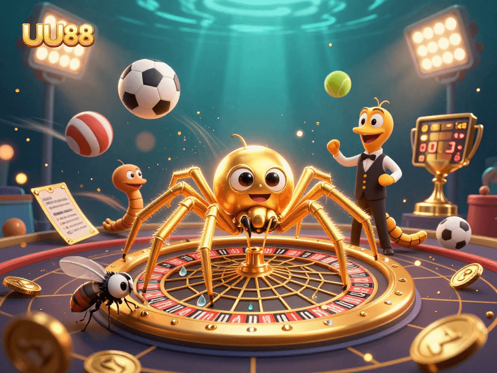 Unleash excitement at UU88 with a golden spider croupier spinning a roulette web in a vibrant casino scene.