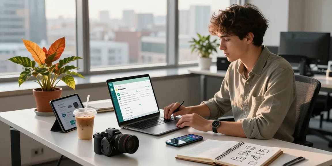 Dynamic workspace showcasing WhatsApp下載 app on laptop and smartphone, inspiring innovation and productivity in a modern office setting.
