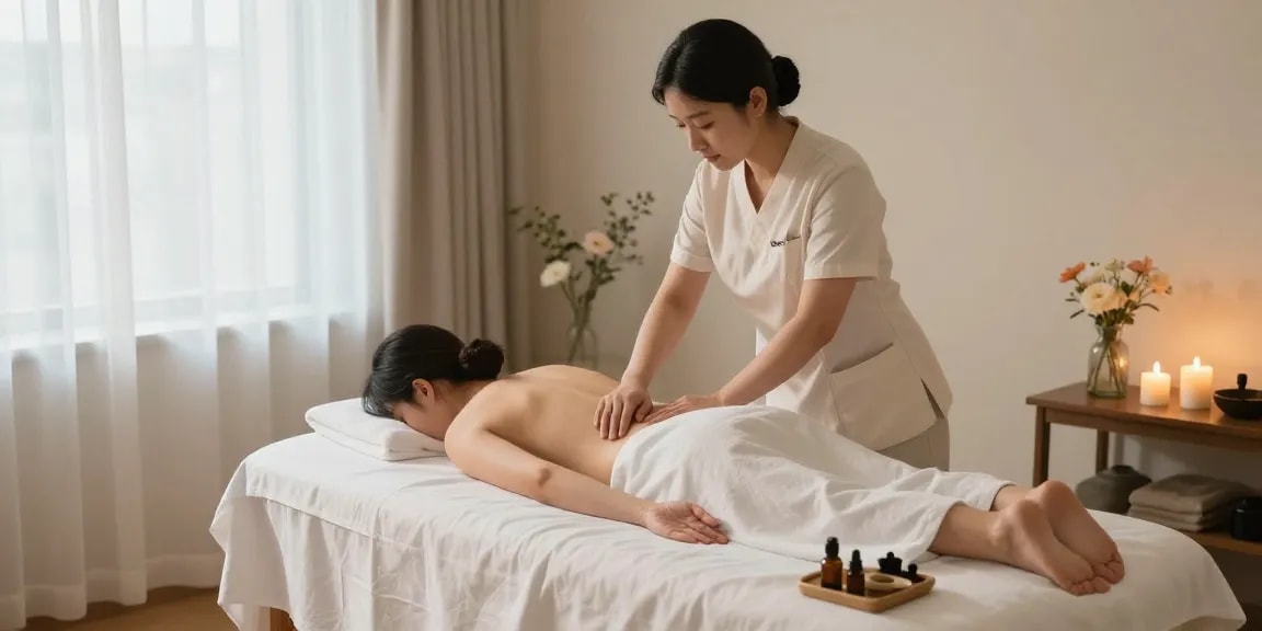 안양출장마사지 session in a serene spa with calming atmosphere and expert therapist.