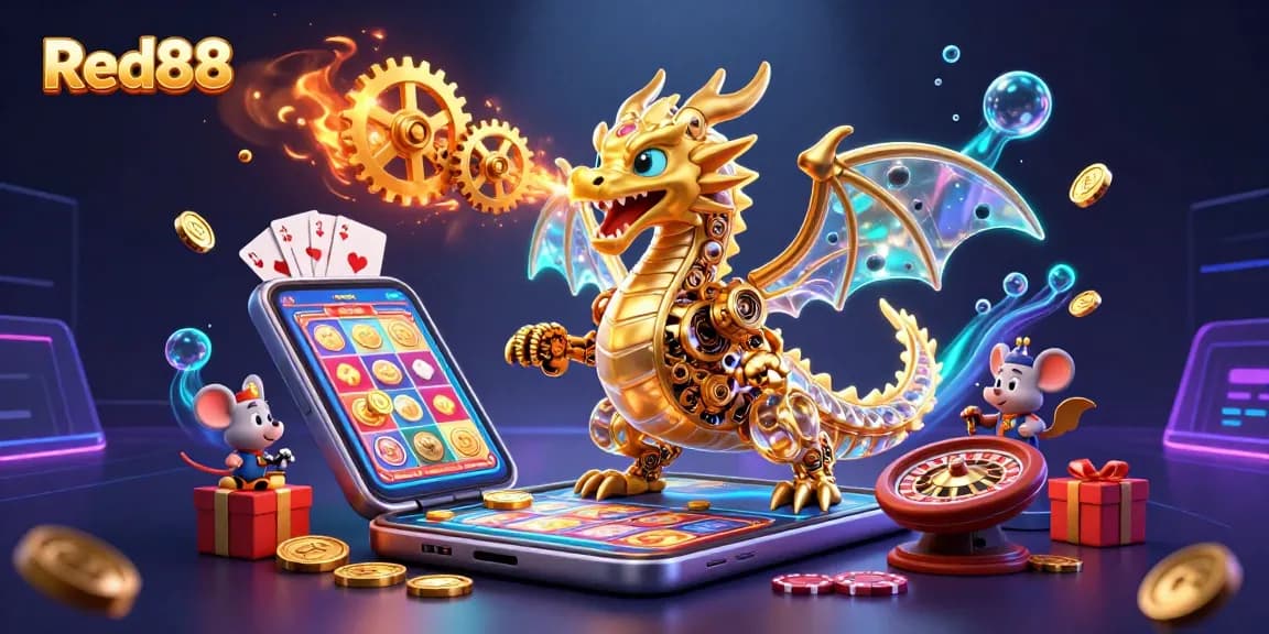 Engage in thrilling gaming at Red88 with a golden dragon and slot games amidst swirling coins.