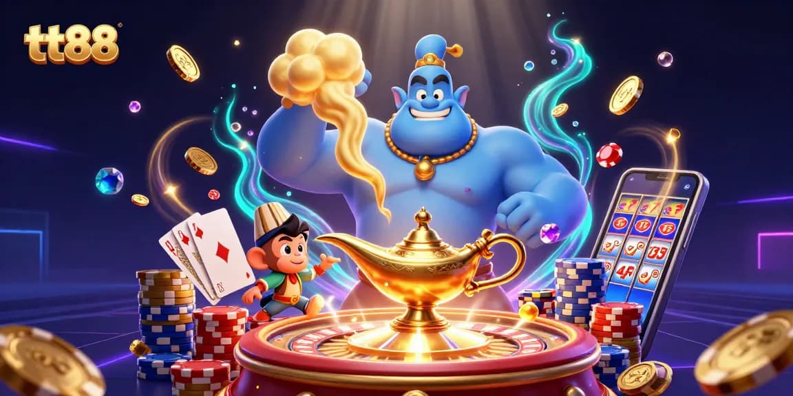 Experience thrilling gameplay at tt88 with a dynamic scene of a blue genie, poker chips, and casino elements.