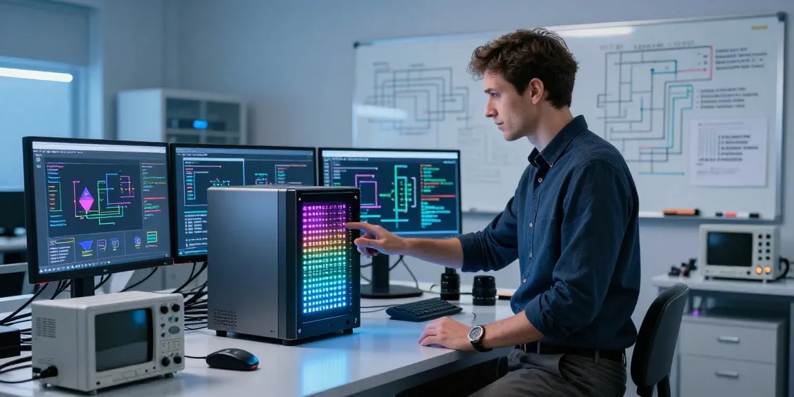 Innovative scene depicting quantum computing technology in a modern lab, showcasing advanced equipment and a professional in action.