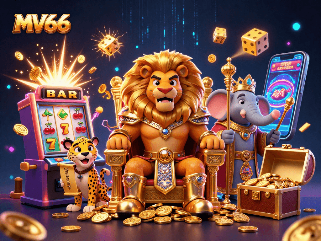 Experience the vibrant MV66 casino world with lion king, elephant advisor, and cheetah messenger!