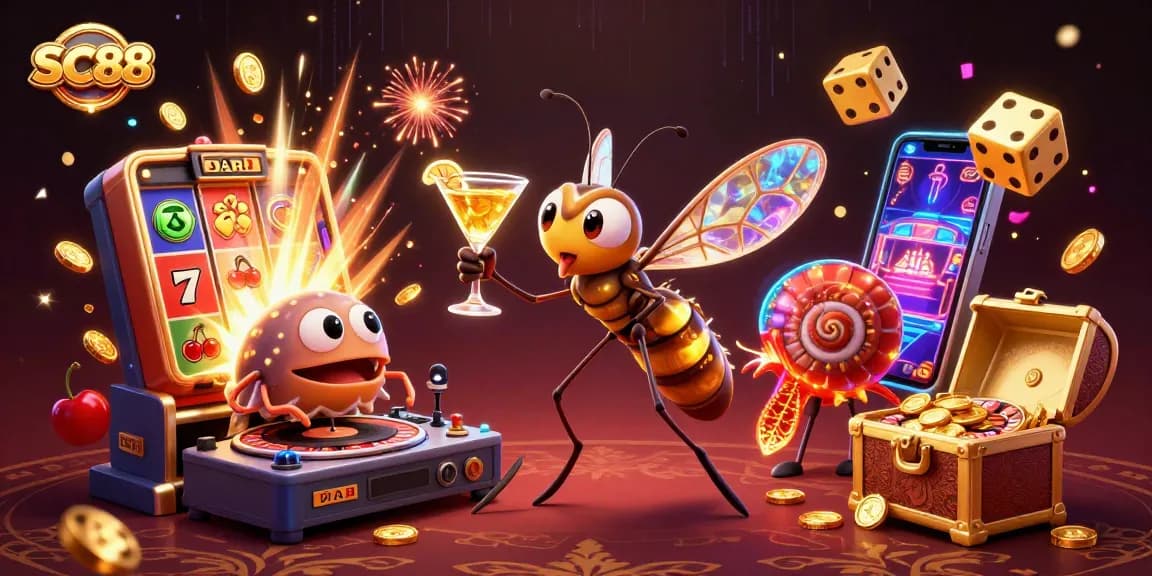 Experience SC88’s vibrant casino atmosphere with a playful mosquito mascot and fossil DJ in a lively setting.