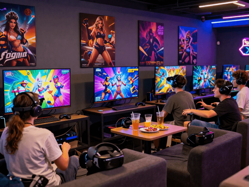 Friends enjoying vibrant porno games in a lively gaming lounge.