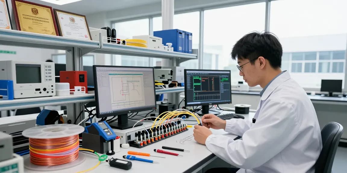 Technician inspecting optical fiber optic cables in a bright assembly facility for high-quality connectivity.