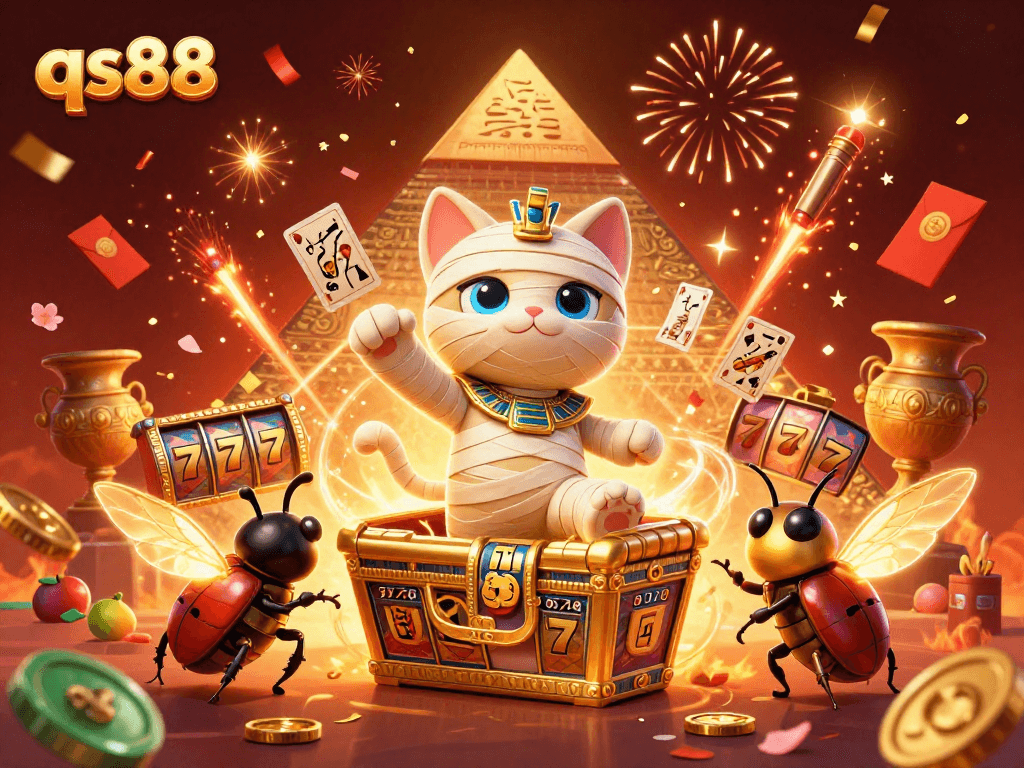 Engage with the qs88 casino experience featuring an Egyptian mummy cat and vibrant casino elements.