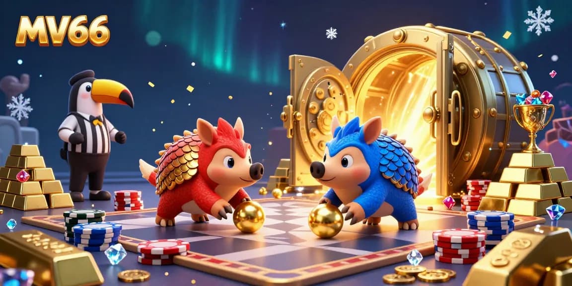 MV66 pangolins compete amidst golden treasure in an exciting gambling scene, capturing rich casino elements
