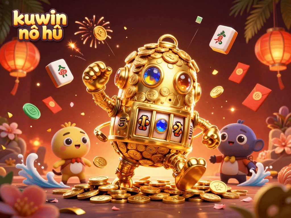Win big with kuwin nổ hũ in a vibrant 3D casino scene full of dynamic game elements and celebratory effects.