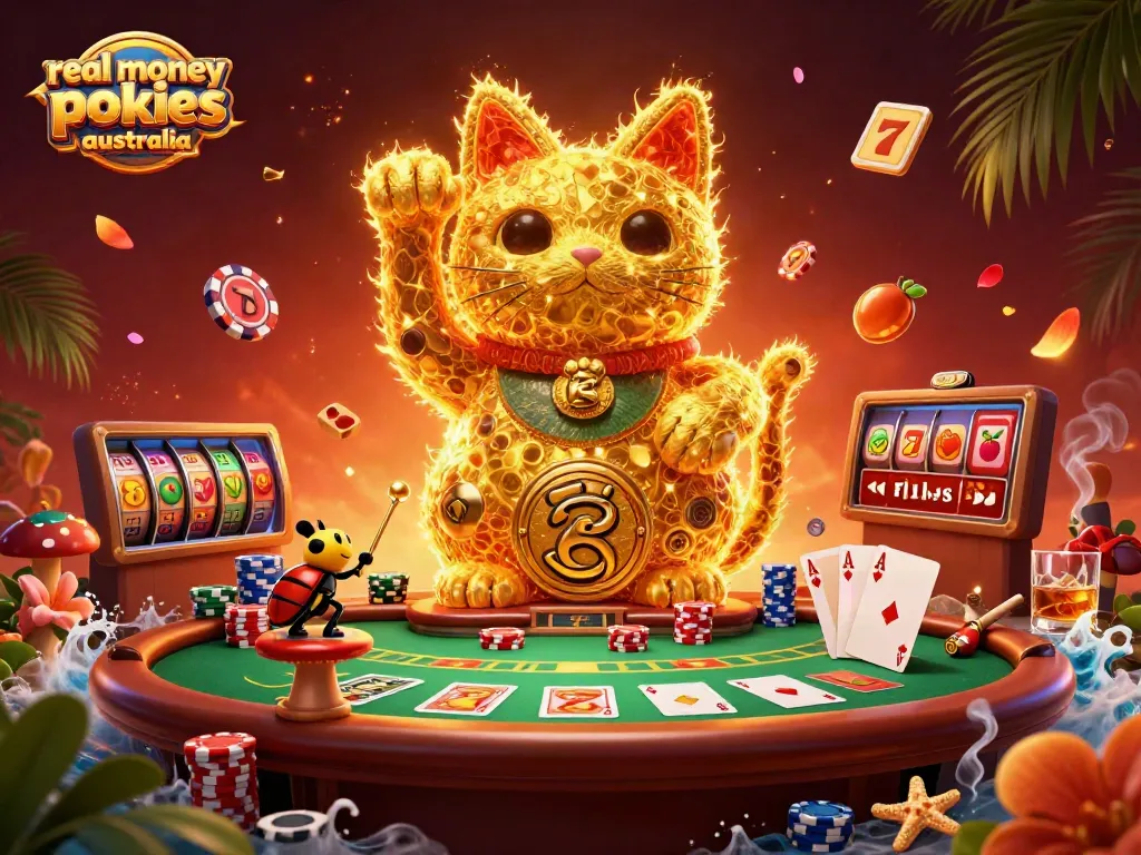 Engage with real money pokies Australia showcased by golden fireflies and iconic casino elements.