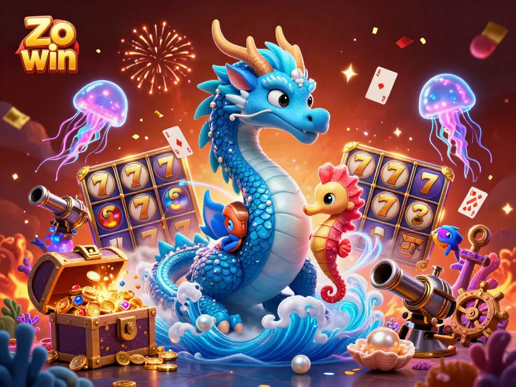Engage in thrilling gameplay at Zo win with a vibrant underwater scene, featuring a 3D water dragon and casino elements.