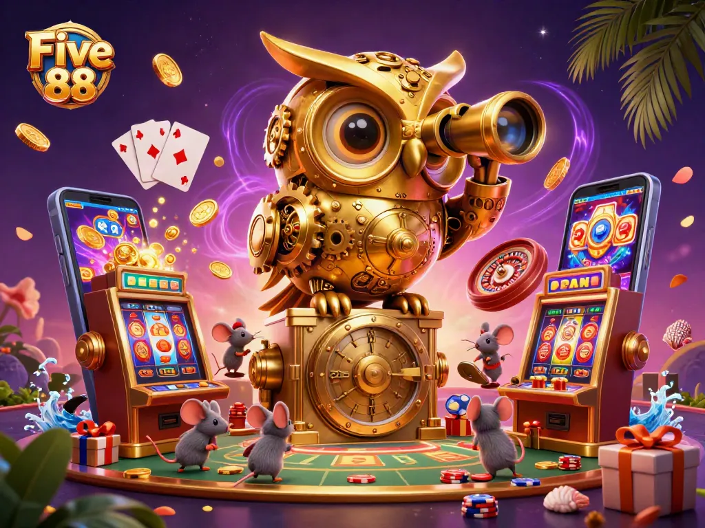 Engage with the vibrant excitement of Five 88's dynamic casino floor, featuring a golden clockwork owl and animated gameplay elements.