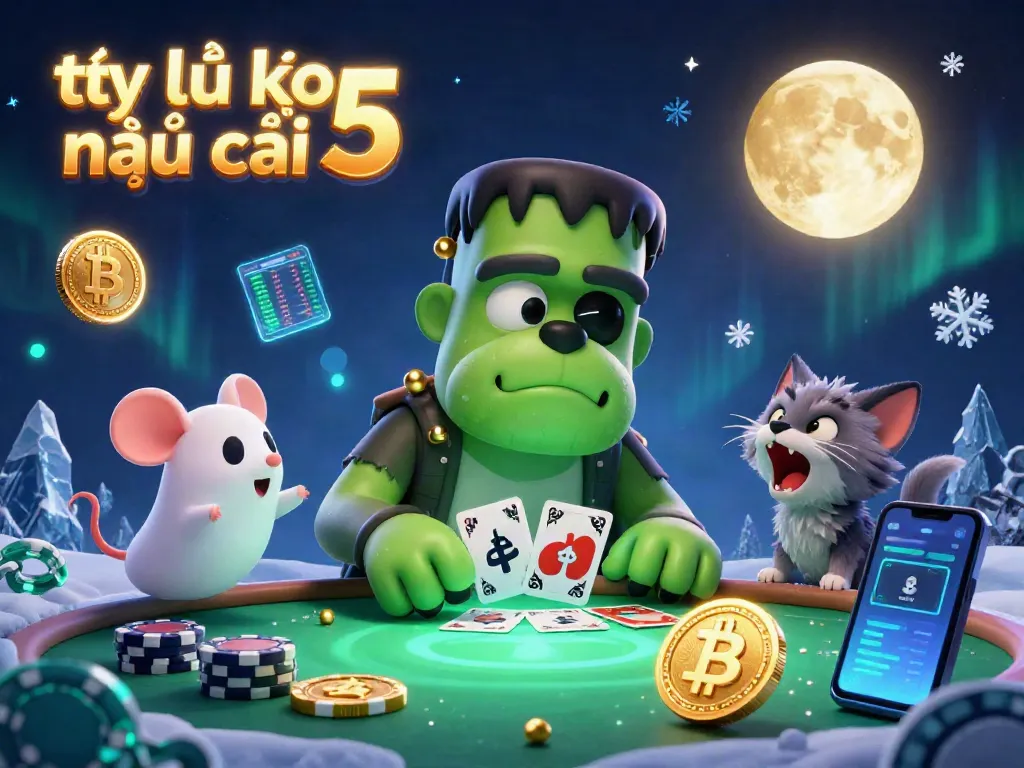 Bettors explore tỷ lệ kèo nhà cái 5 with a thrilling casino scene featuring unique characters and crypto elements.