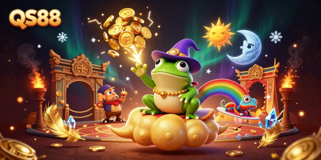 Experience vibrant gaming magic with QS88 featuring whimsical characters and golden treasures in a dazzling casino-themed scene.