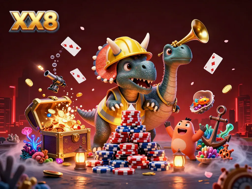 Experience the excitement of XX8 as playful dinosaurs celebrate victory in a vibrant casino-themed scene.