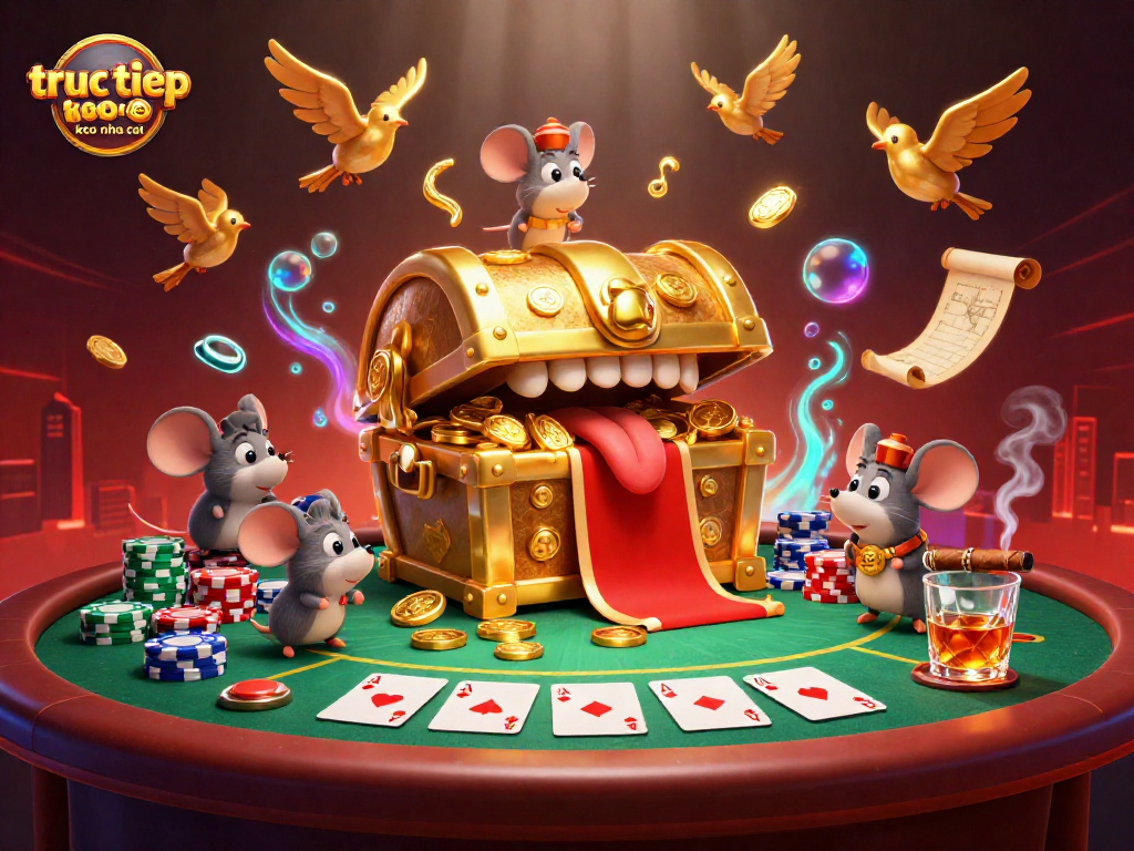 Engage with truc tiep keo nha cai: a vibrant 3D casino scene showcasing treasure chest mimic luring adventurer mice amid poker elements.