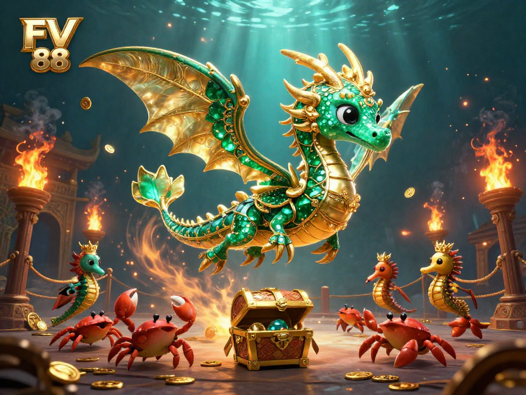 Engage with FV 88 as the 3D dragon floats amidst treasure in a vibrant casino scene.