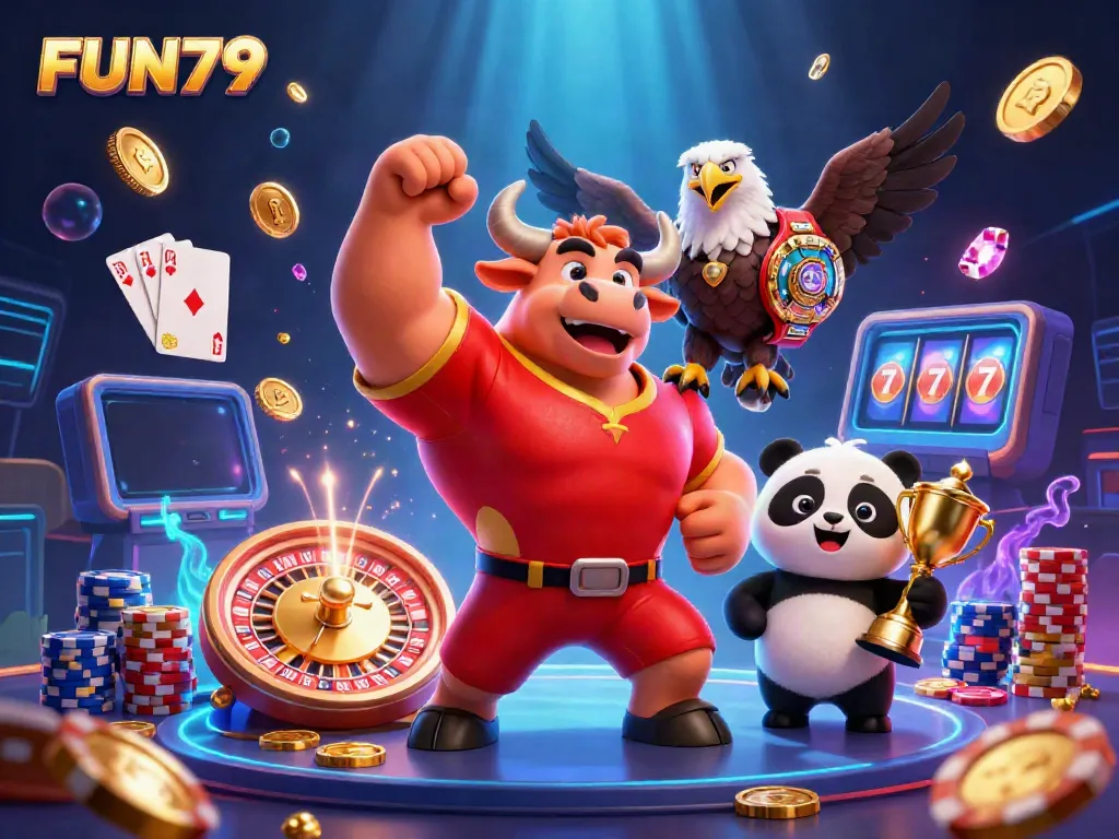 Experience dynamic gameplay at FUN79 with bull mascot, eagle champion, and joyful panda trophy.
