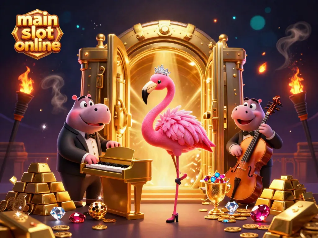 Main slot online menghadirkan hiburan dengan karakter flamingo dan hippo di kasino yang glamor.