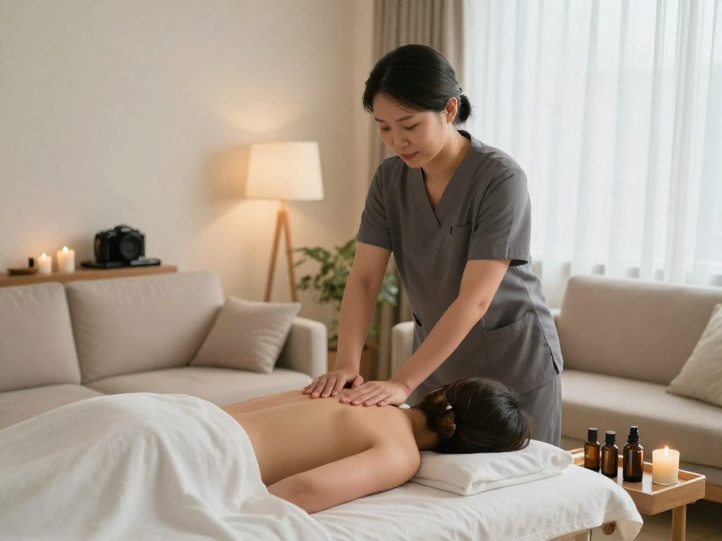 Relaxing 서울출장안마 session with a professional therapist providing home massage services in a tranquil living room setting.