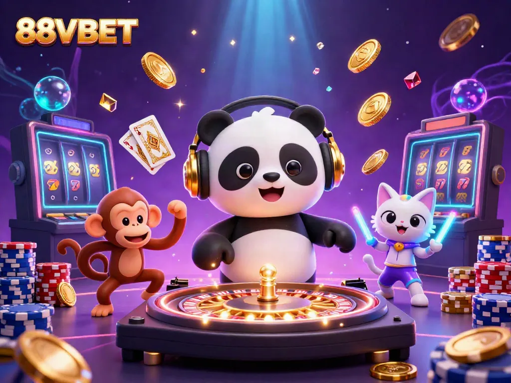 88VBET showcases a vibrant 3D scene with a DJ panda, breakdancing monkey, and a glowing kitten amidst dynamic casino elements.