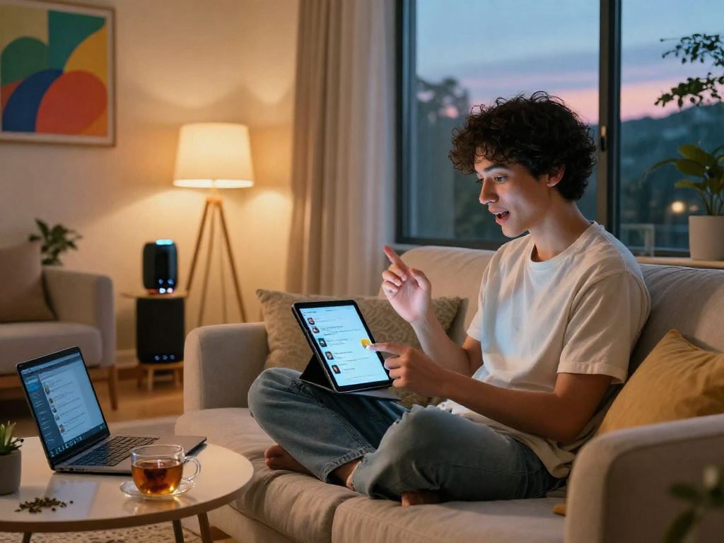 Person engaging with sex ai on tablet in a cozy living room, showcasing modern technology.