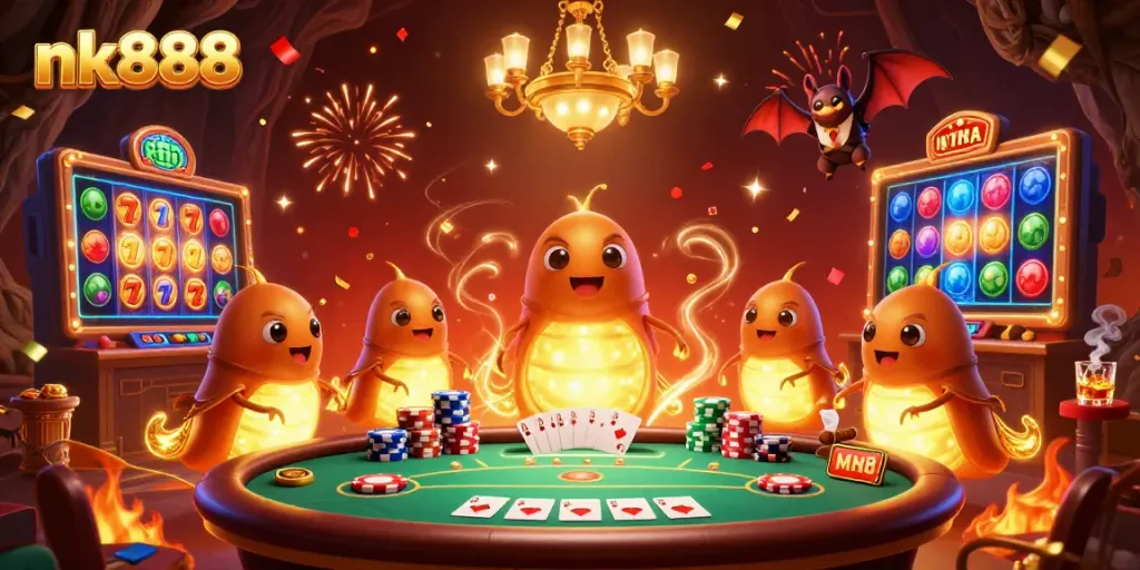 Experience the thrills of nk888 with a vibrant casino scene featuring animated glowworms and colorful slot elements.