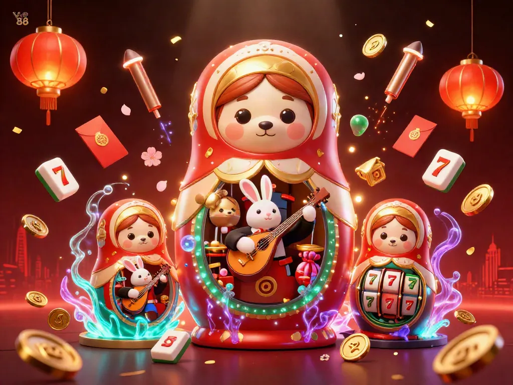 Engage with Yo 88 through vibrant casino-themed 3D illustration featuring charming characters and exciting game elements.