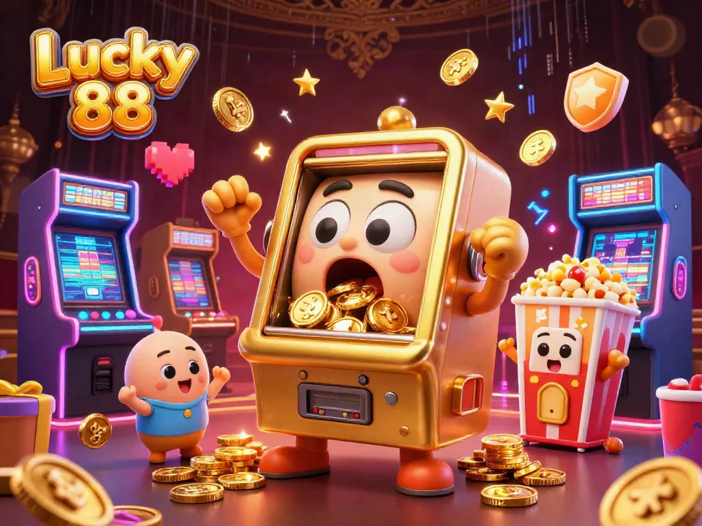 Experience the excitement of Lucky 88 as the golden slot machine hits a jackpot, surrounded by cheering baby machines and arcade elements.