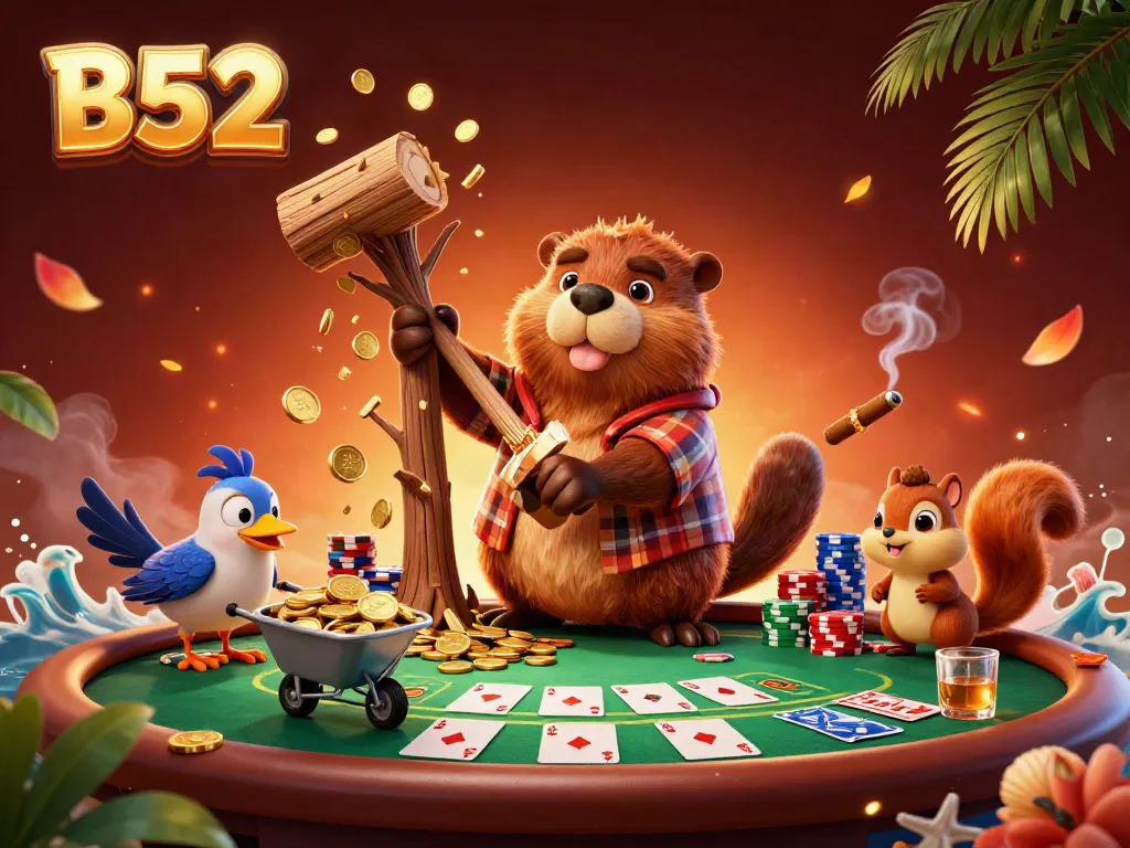 Experience exciting gaming adventures at B52 with a vibrant cartoon scene filled with poker and treasures.