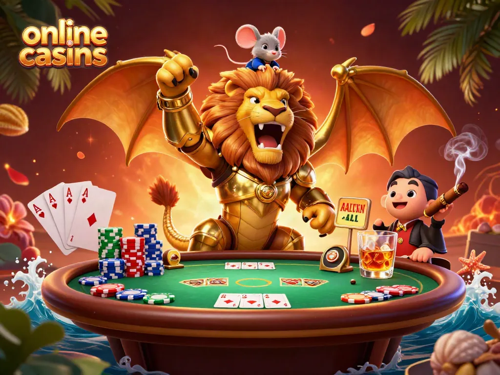 Experience the excitement of online casinos with a triumphantly roaring chimera and vibrant poker elements!