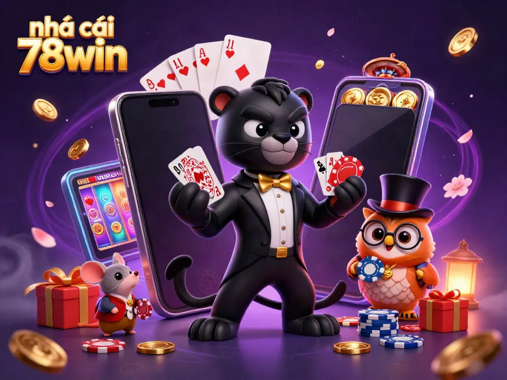 Engage with nhà cái 78win as the cartoon black panther deals cards amidst casino-themed game elements.