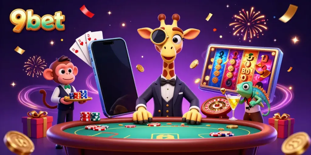 Experience exciting gaming at 9bet with a vibrant illustration of our animated casino scene.