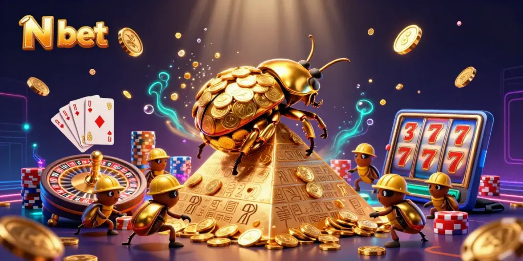 N bet's dazzling casino adventure showcases a golden beetle conquering riches and spinning roulette.
