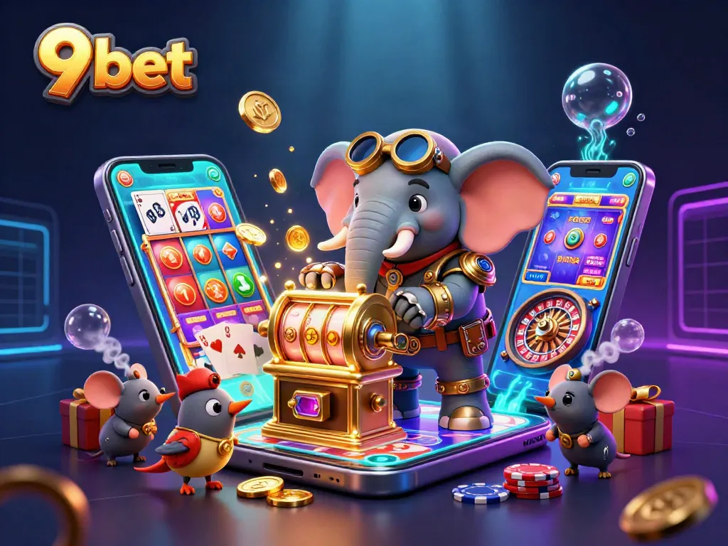 Experience the excitement of 9 bet with dynamic steampunk characters and vibrant casino elements in a rich, immersive scene.