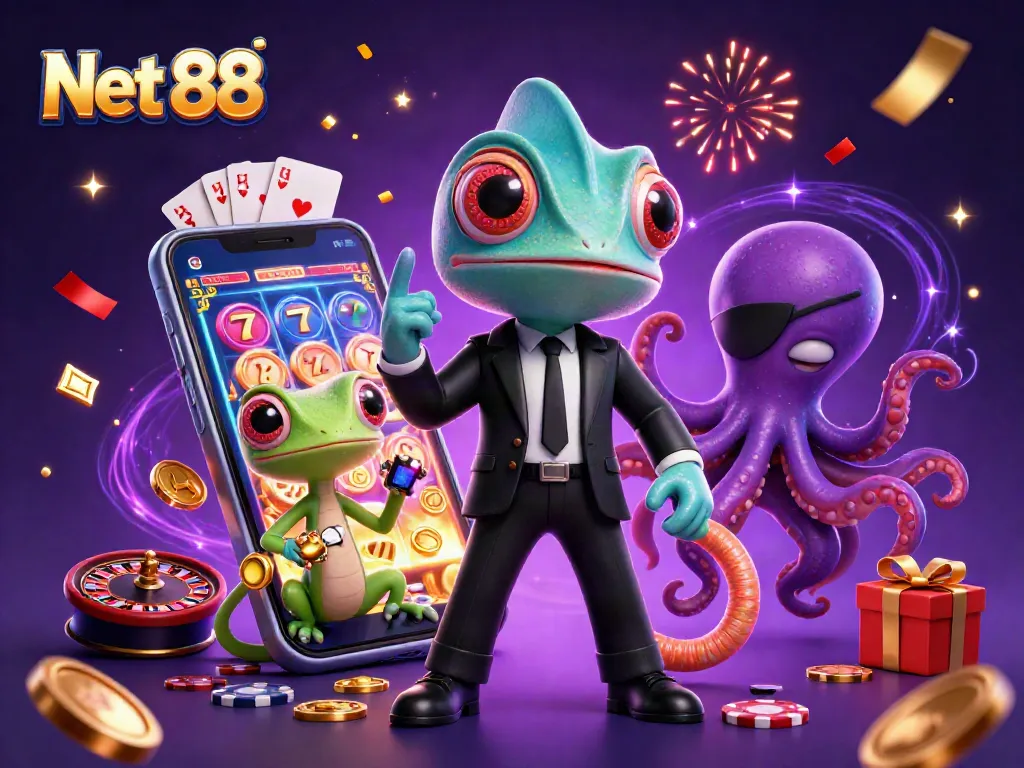 Bet big with Net 88 in an ultra-detailed casino scene featuring vibrant slot game action.