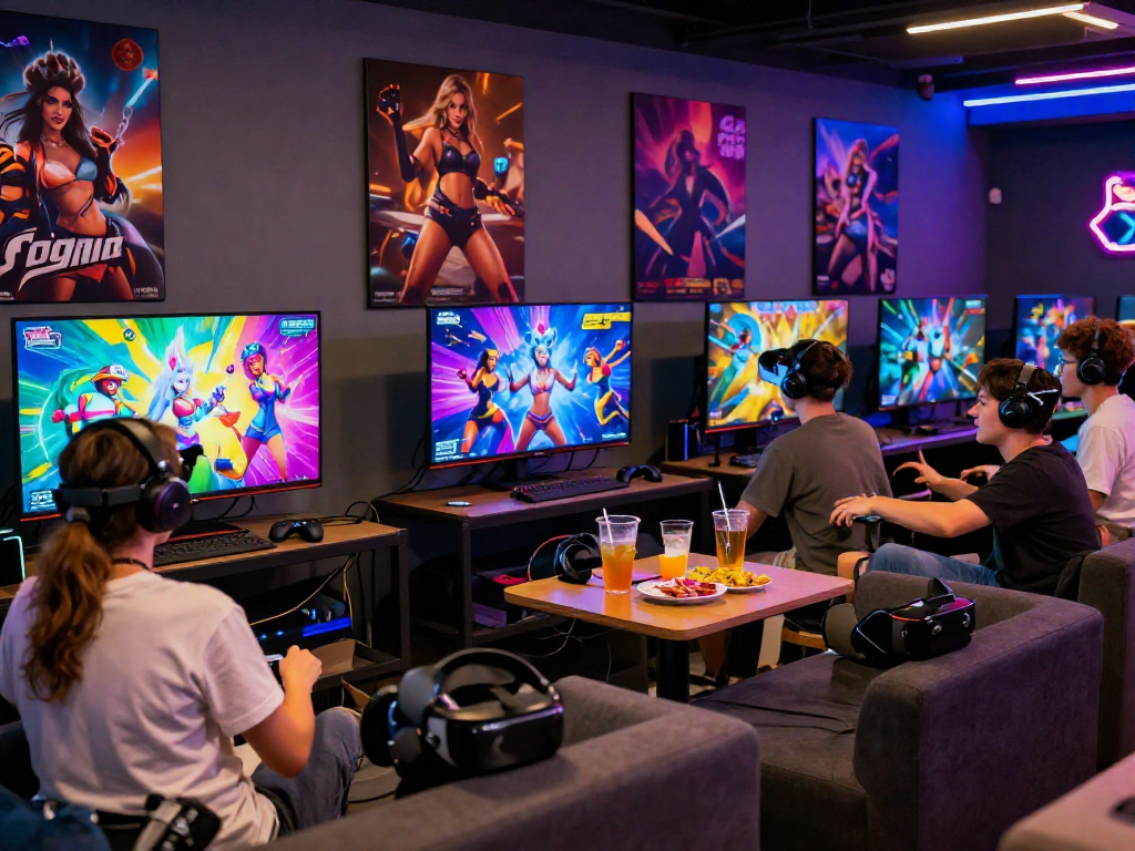 Friends enjoying vibrant porno games in a lively gaming lounge.