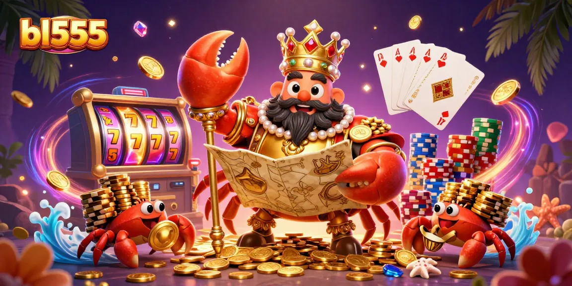 Experience the excitement of bl555 gaming with a dazzling 3D casino scene featuring a golden crab emperor and treasures.