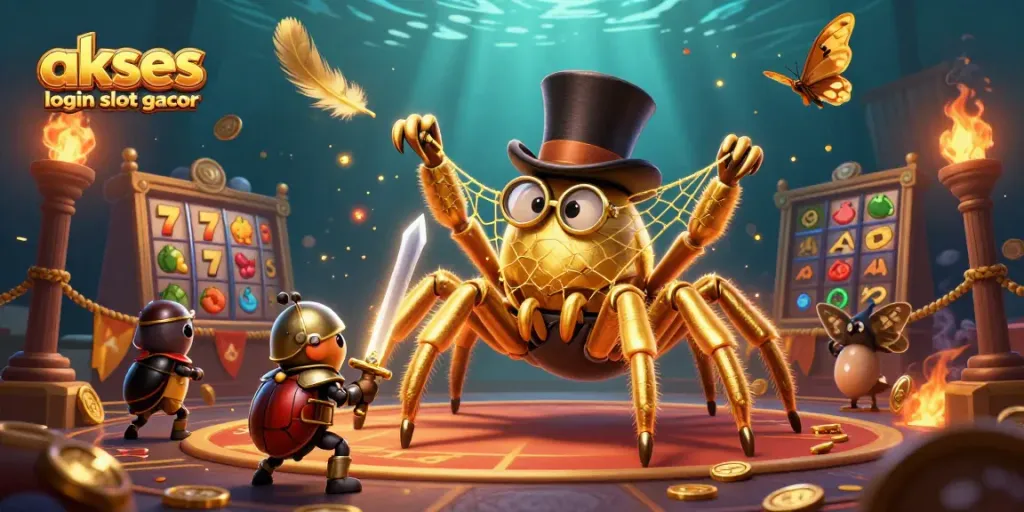 Engage with the thrilling akses login slot gacor gaming scene featuring a giant tarantula, beetle knight, and casino elements.