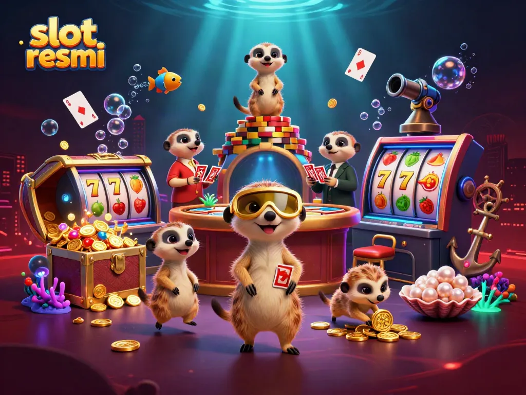 Experience the thrill of slot resmi with meerkats managing an exciting casino operation amidst a vibrant scene.