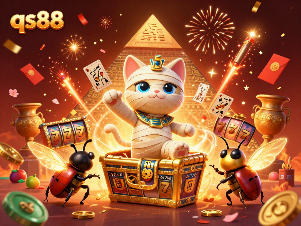 Engage with the qs88 casino experience featuring an Egyptian mummy cat and vibrant casino elements.